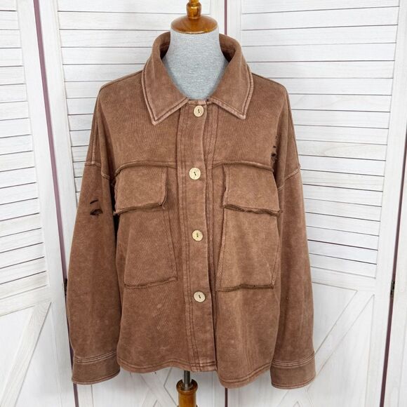 Oddy Distressed Jersey Knit Shacket Cropped Brown Medium Large - Picture 1 of 13